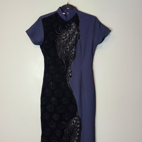 Velvet Silk Cheongsam Full Length Dress Gothic Small Mandarin Gilded Glitter - Picture 2 of 8